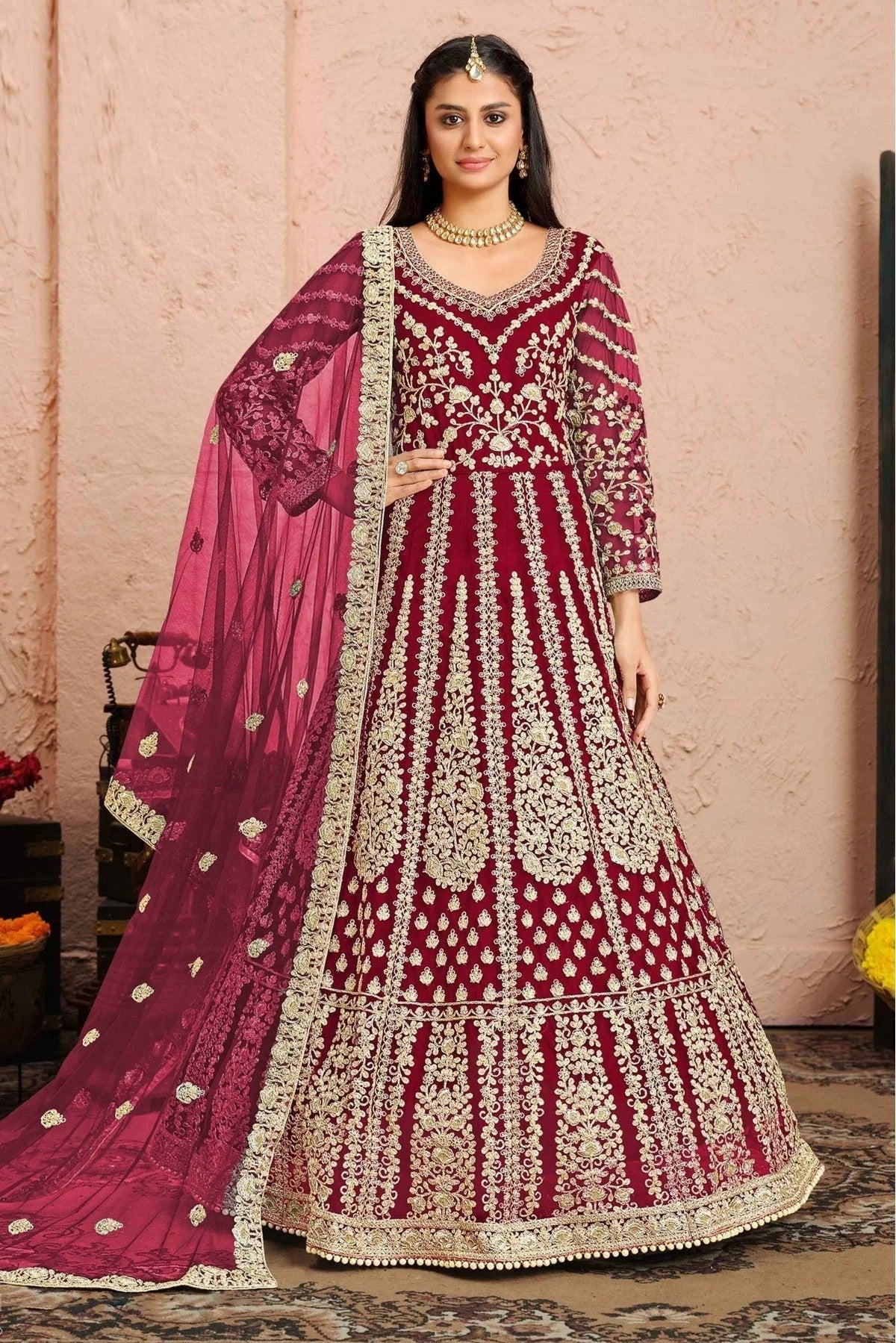 Red Colour Net Anarkali Suit SM1050091