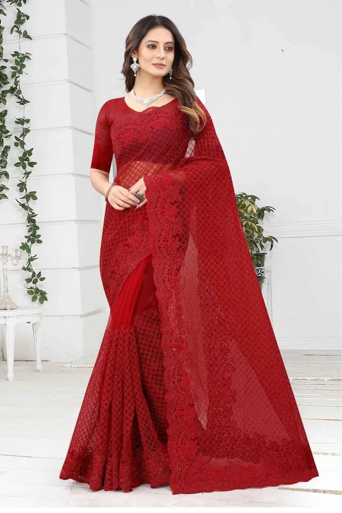 Red Colour Net Designer Saree SD1090236