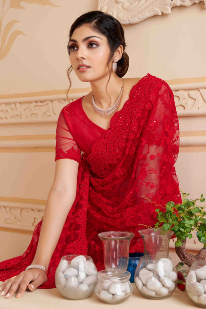 Red Colour Net Designer Saree SD1090472 A