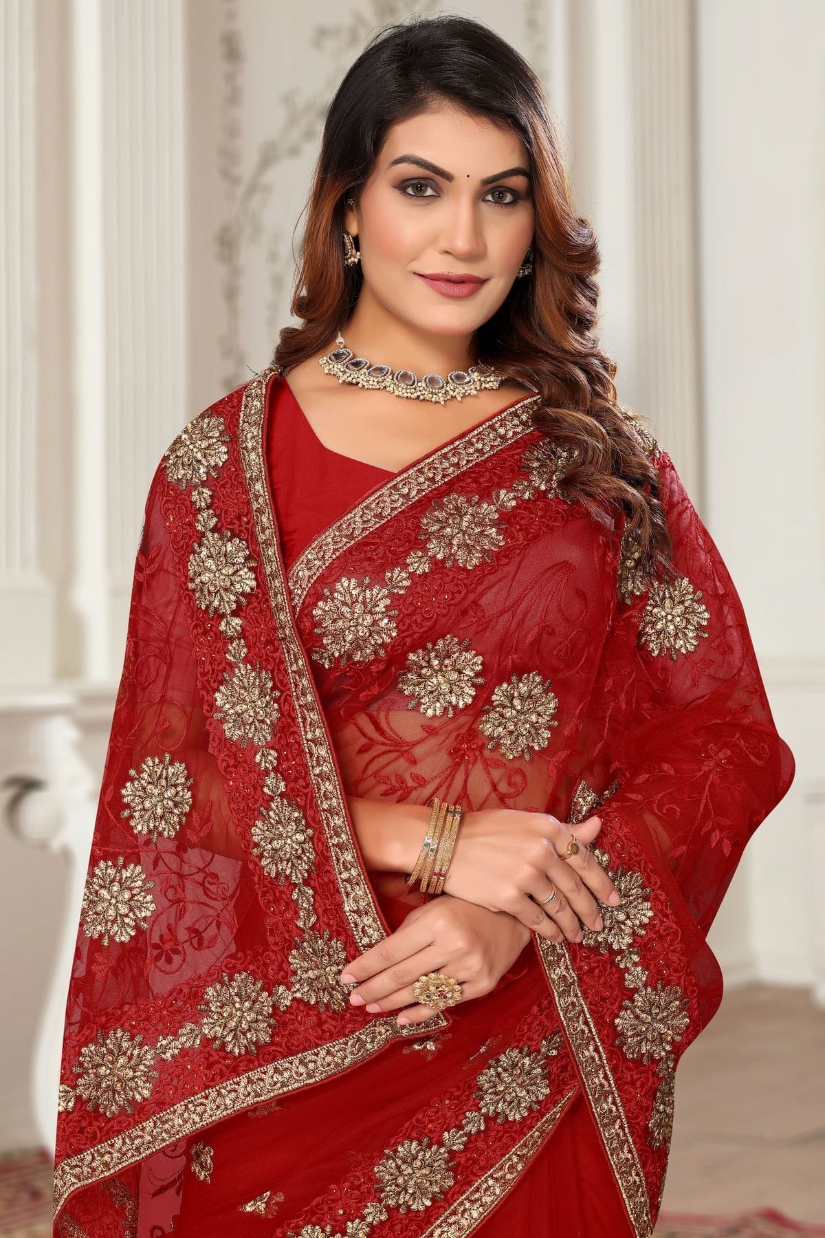 Red Colour Net Designer Saree SD1091074 A