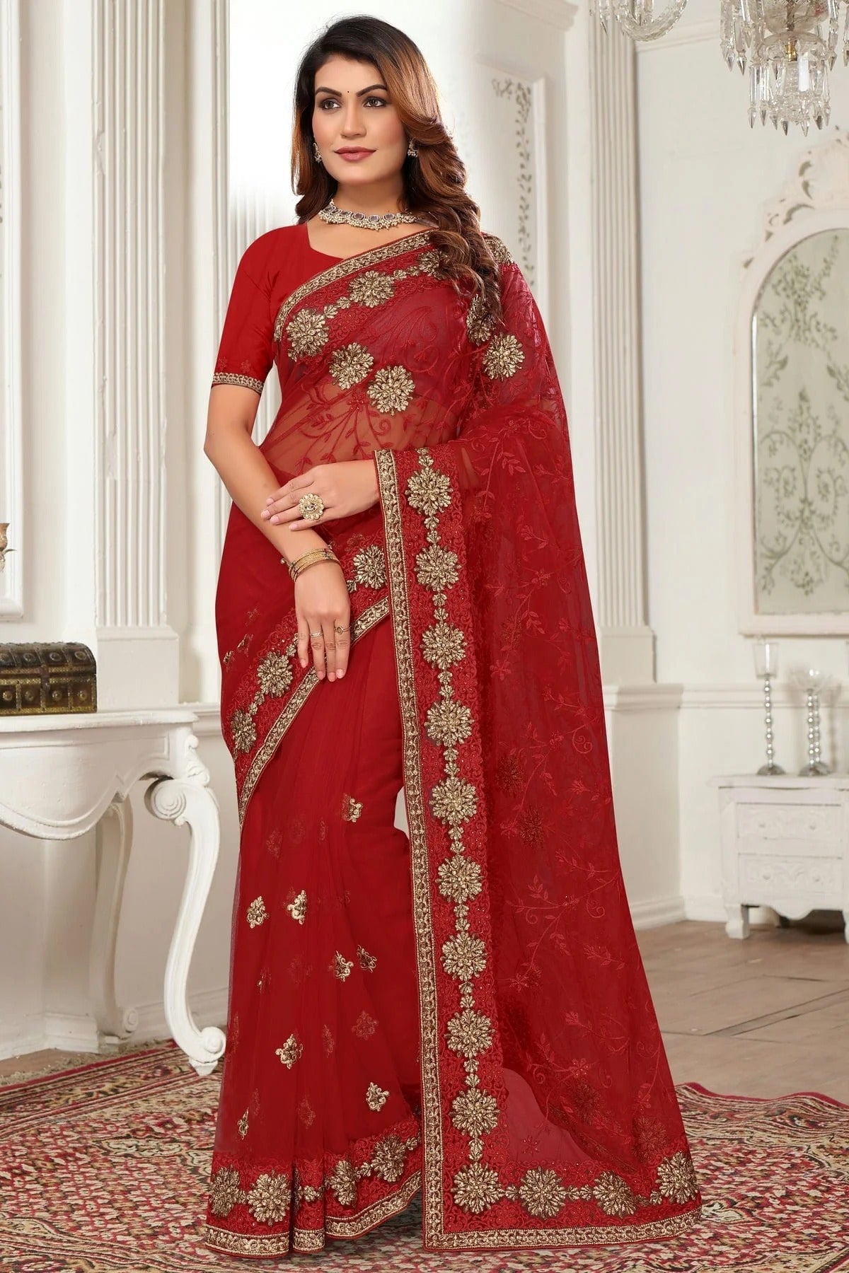 Red Colour Net Designer Saree SD1091074