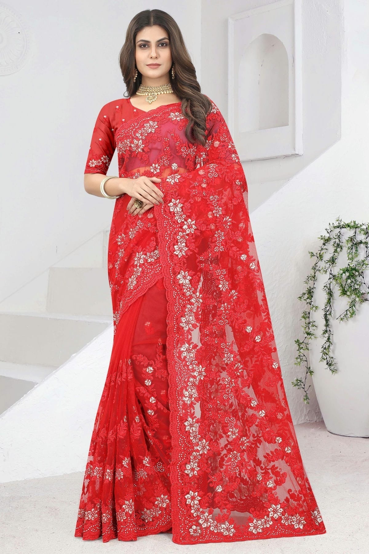Red Colour Net Designer Saree SD1091120