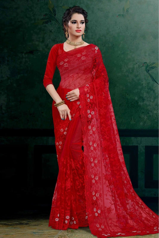 Red Colour Net Embroidery Saree SD1090106