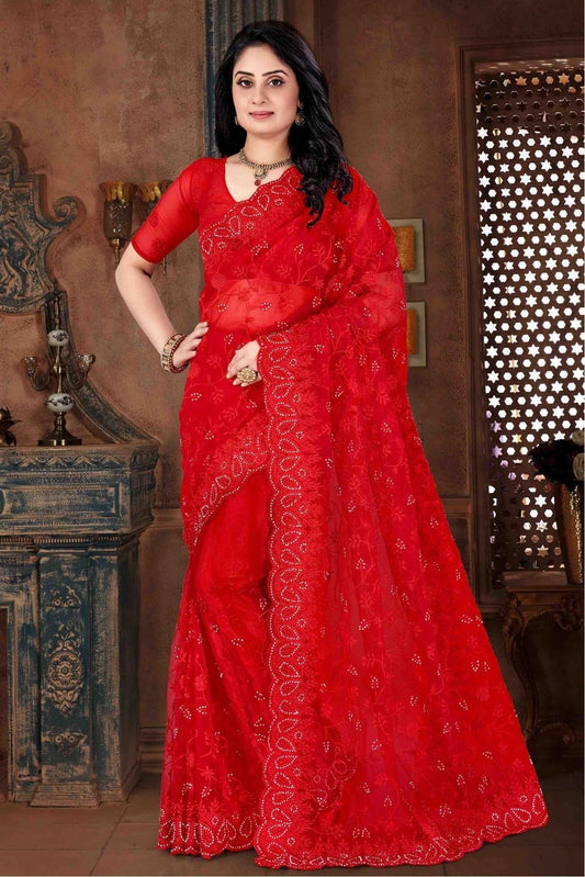 Red Colour Net Embroidery Saree SD1090112