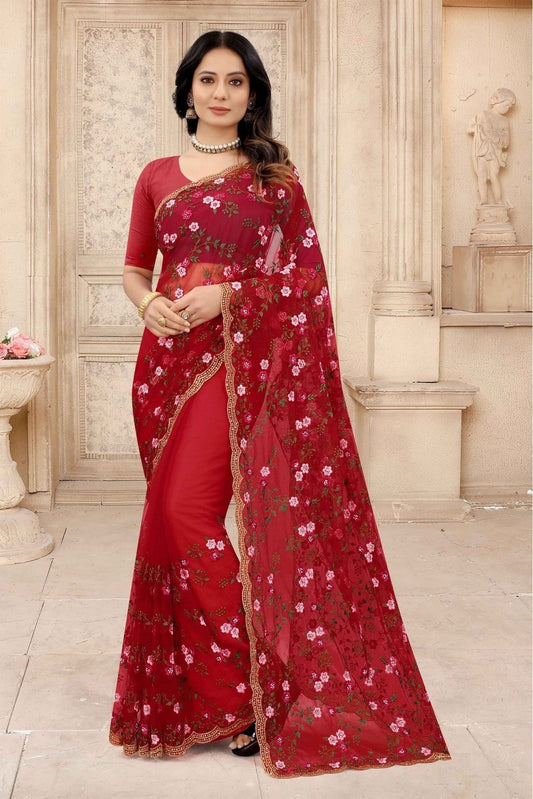 Red Colour Net Embroidery Saree SD1090310