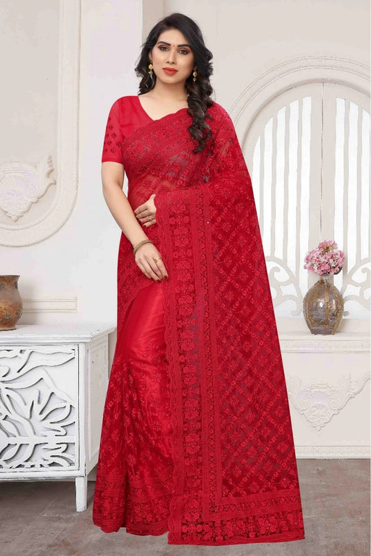 Red Colour Net Embroidery Saree SD1090354