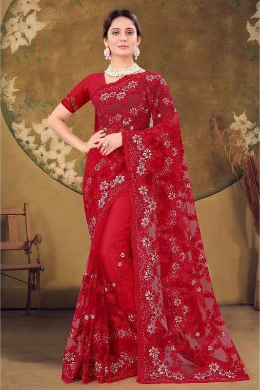 Red Colour Net Embroidery Saree SD1090411