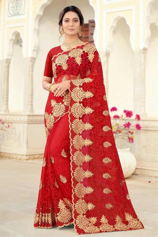Red Colour Net Embroidery Saree SD1090439