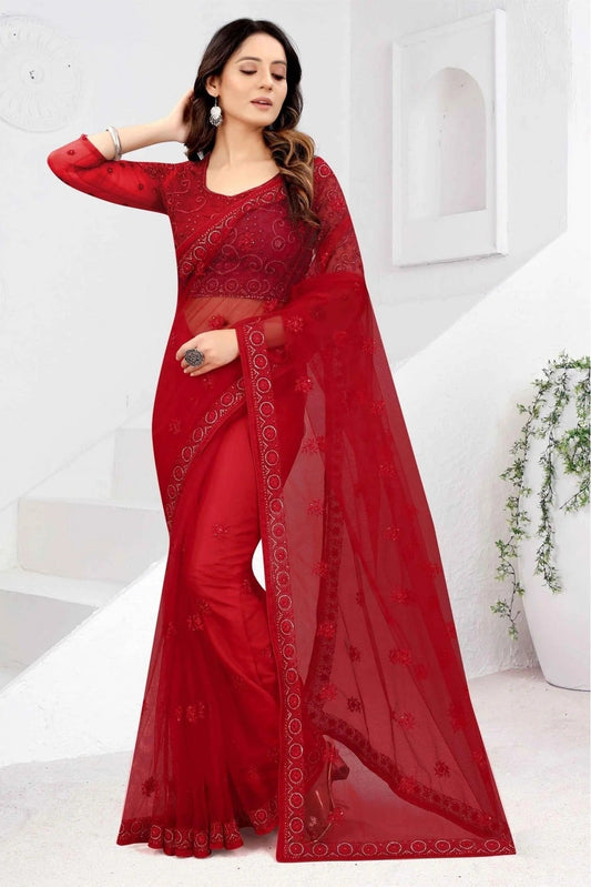 Red Colour Net Embroidery Saree SD1120877