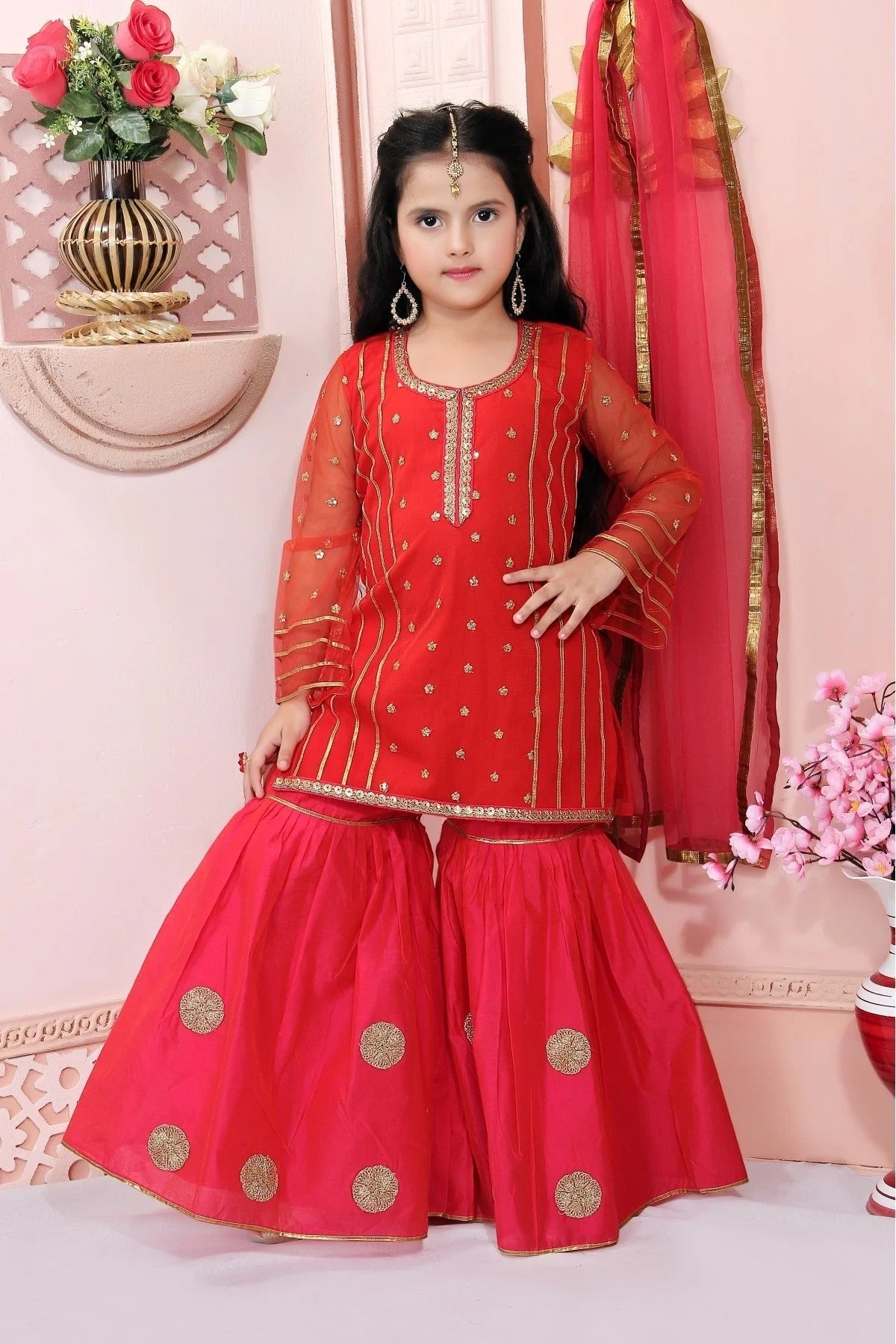 Red Colour Net Embroidery Sharara Suit GW1070029
