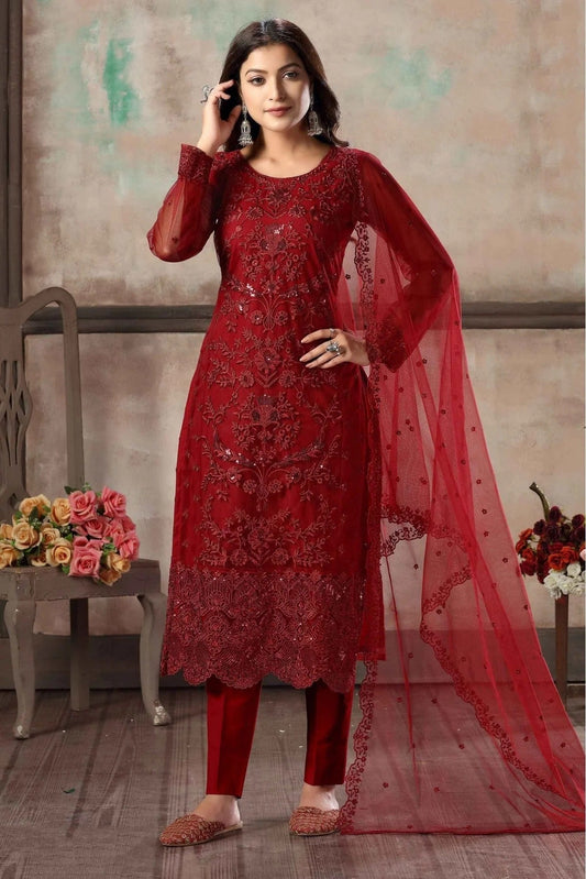 Red Colour Net Pant Style Suit SM1050079