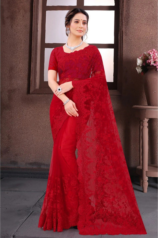 Red Colour Net Resham Work Saree SD1090415