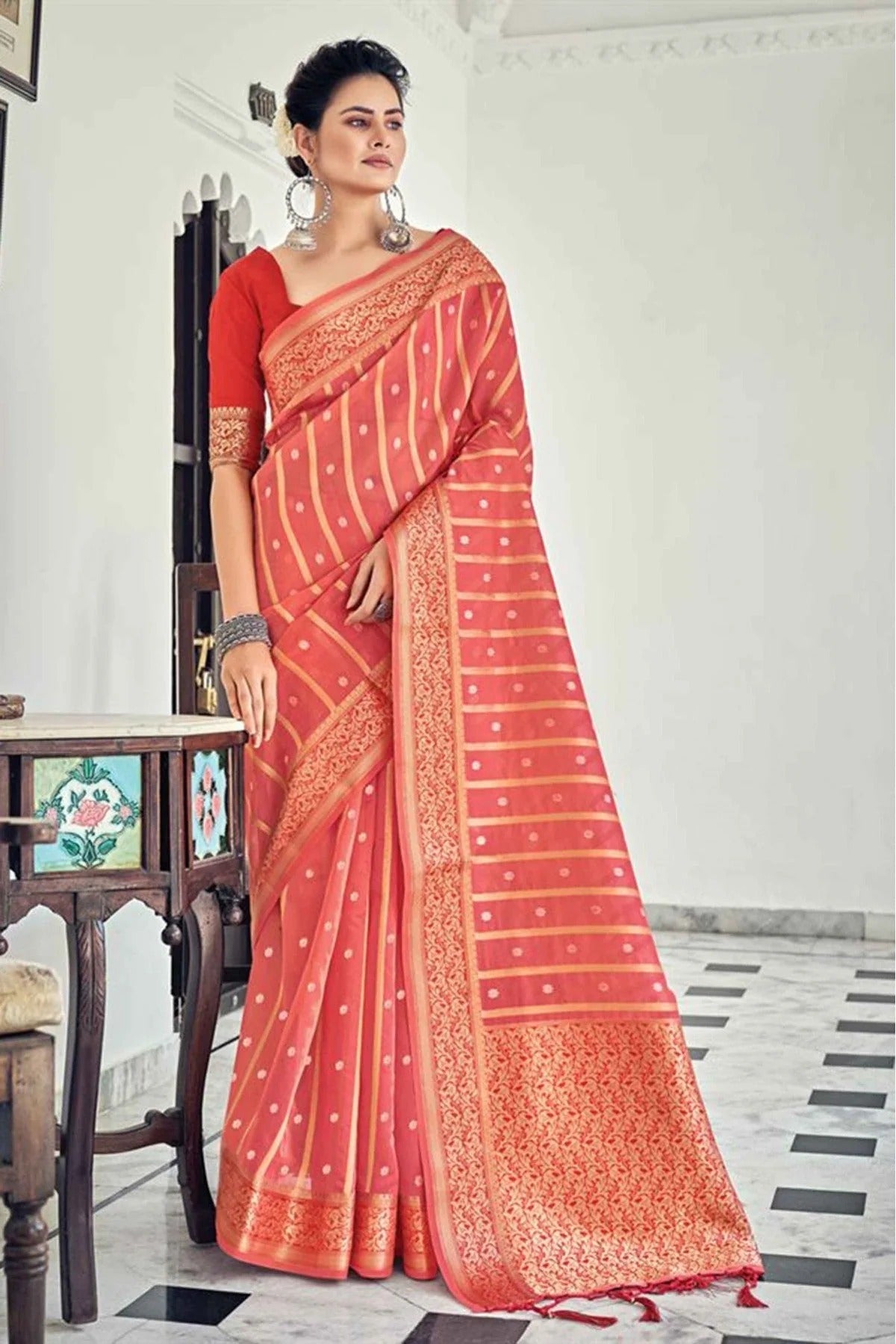 Red Colour Organza Woven Saree SD1100474