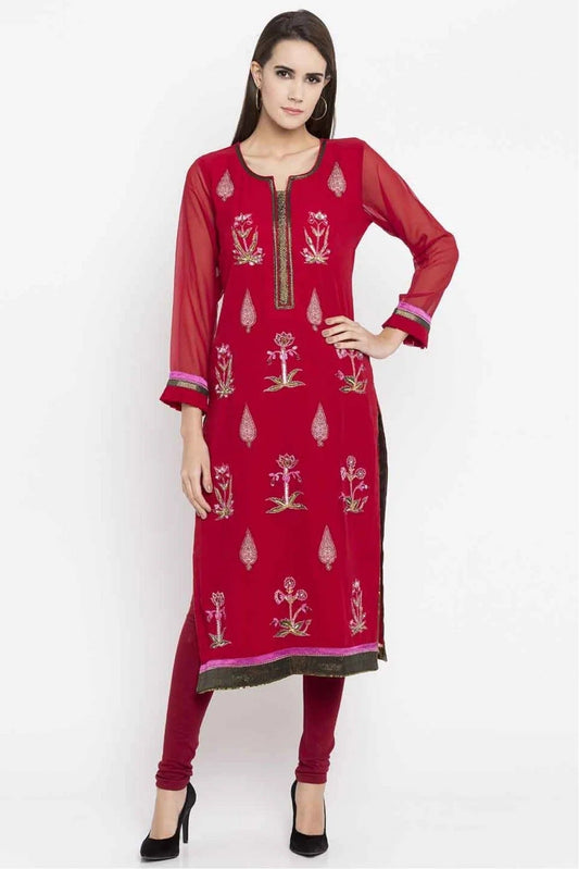 Red Colour Plus Size Faux Georgette Embroidery Kurti KR1070352
