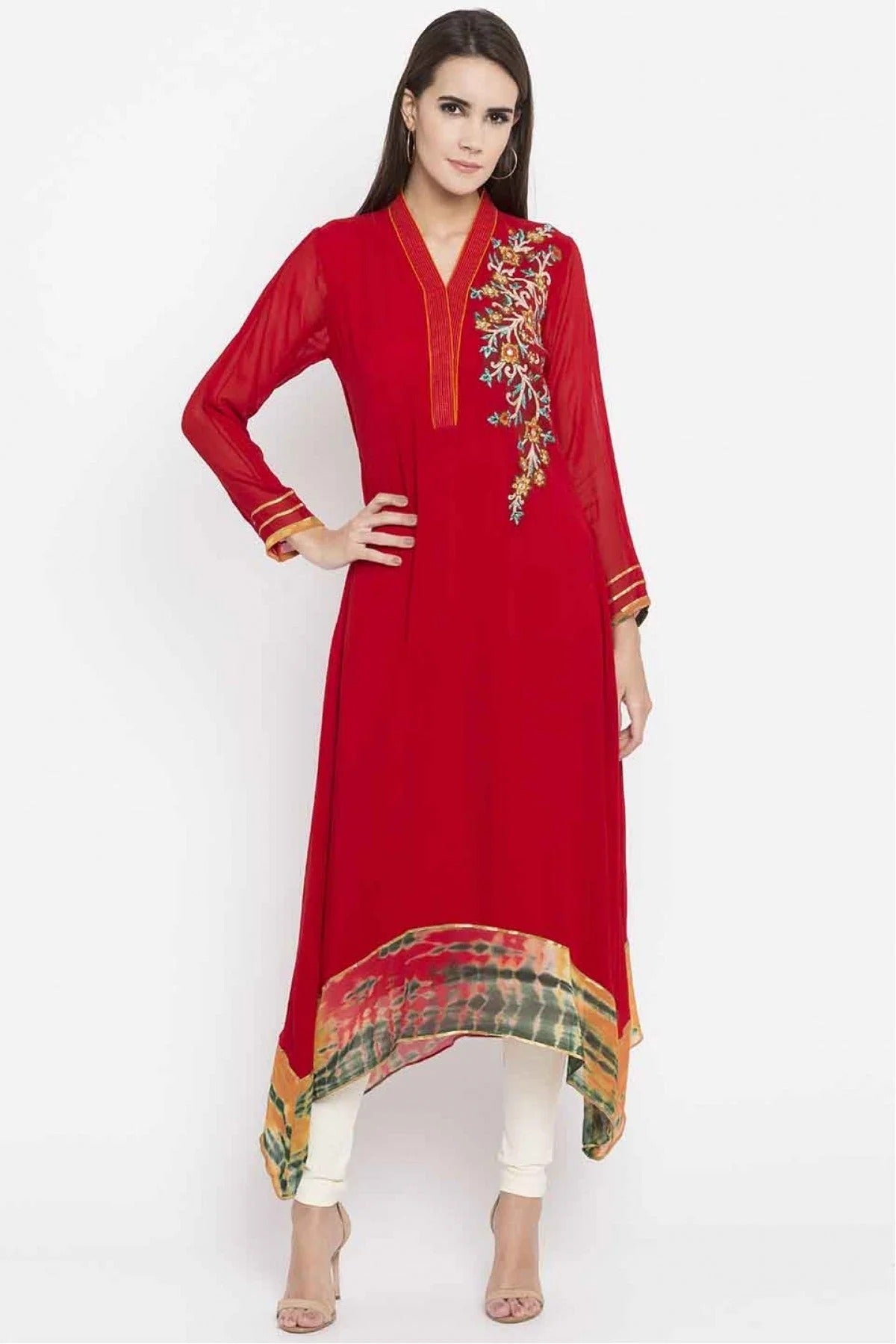 Red Colour Plus Size Faux Georgette Embroidery Kurti KR1070446