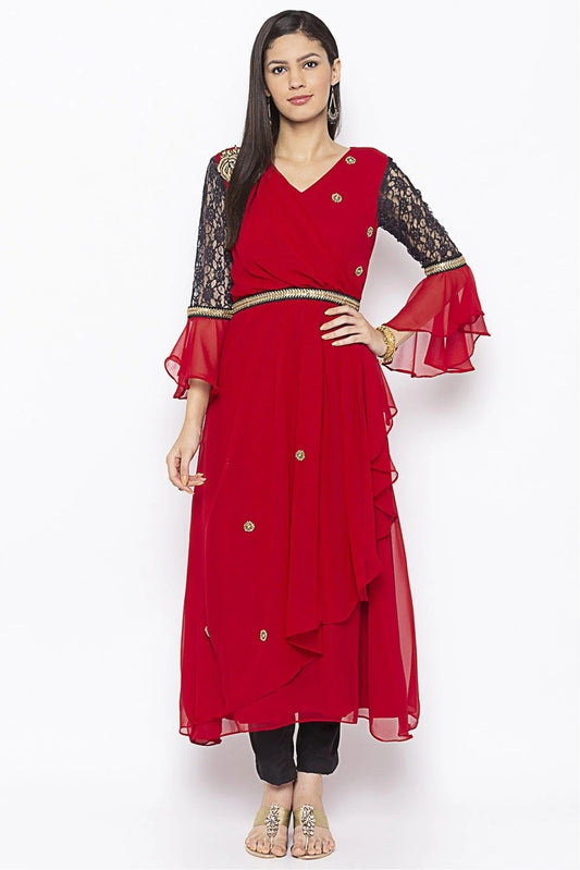 Red Colour Plus Size Georgette Embroidery Kurta Set KR1070604