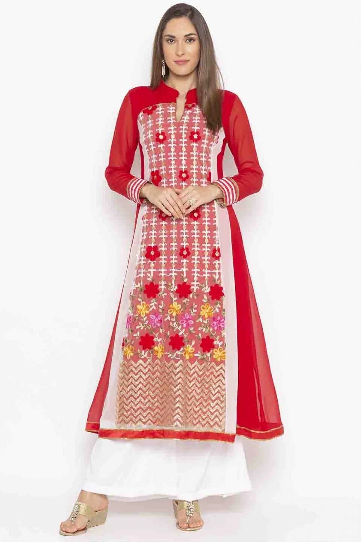 Red Colour Plus Size Georgette Embroidery Kurti KR1070377