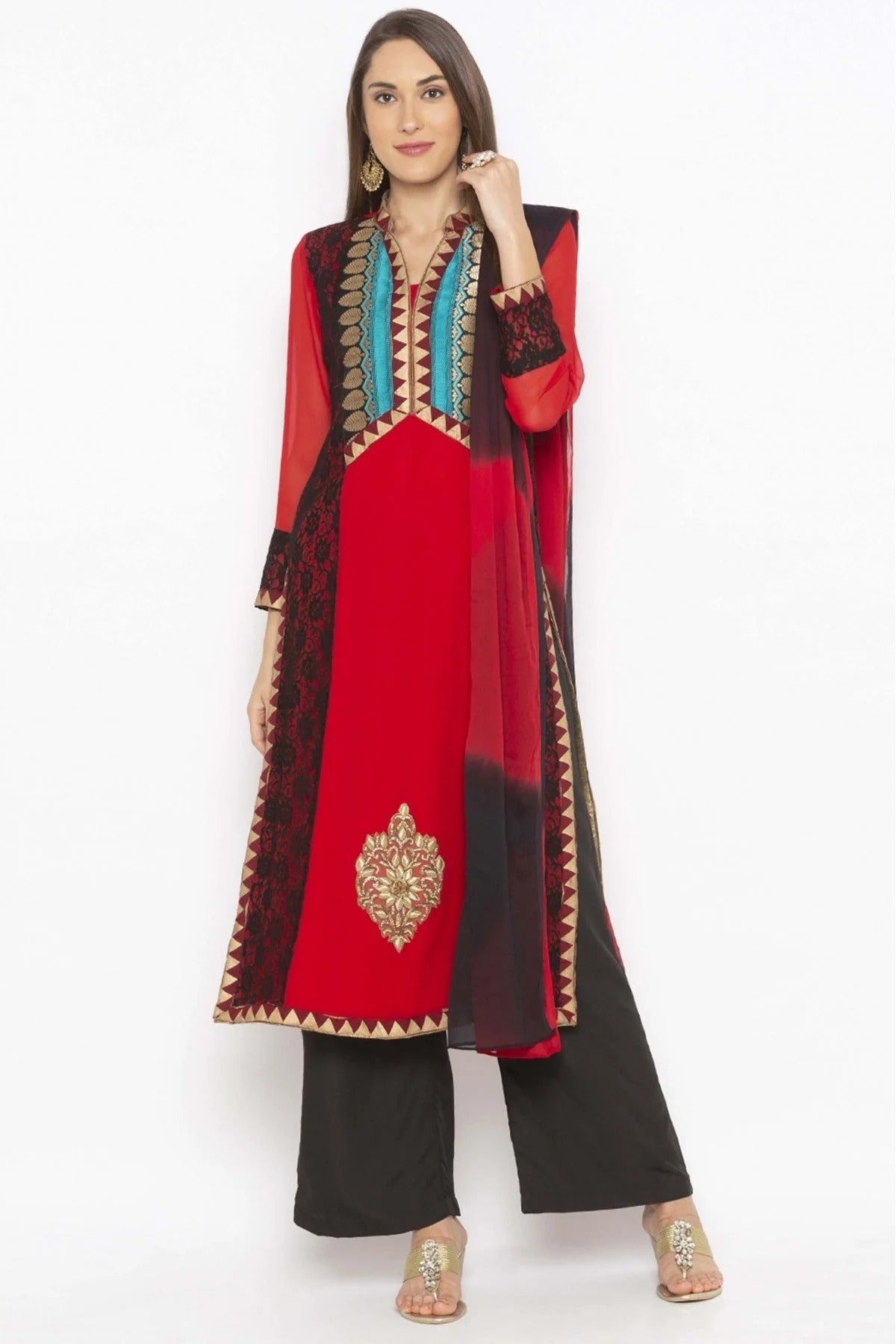 Red Colour Plus Size Georgette Embroidery Palazzo Pant Suit BW1070348