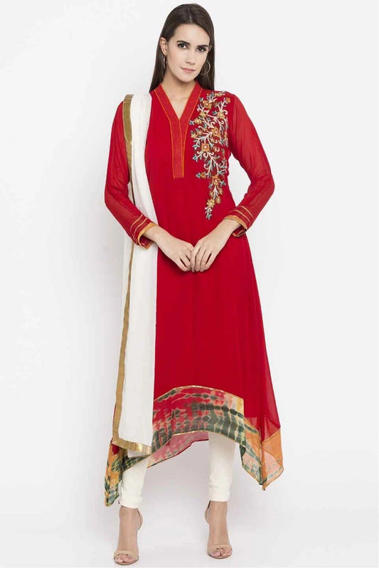 Red Colour Plus Size Stitched Faux Georgette Embroidery Churidar Suit BW1070178