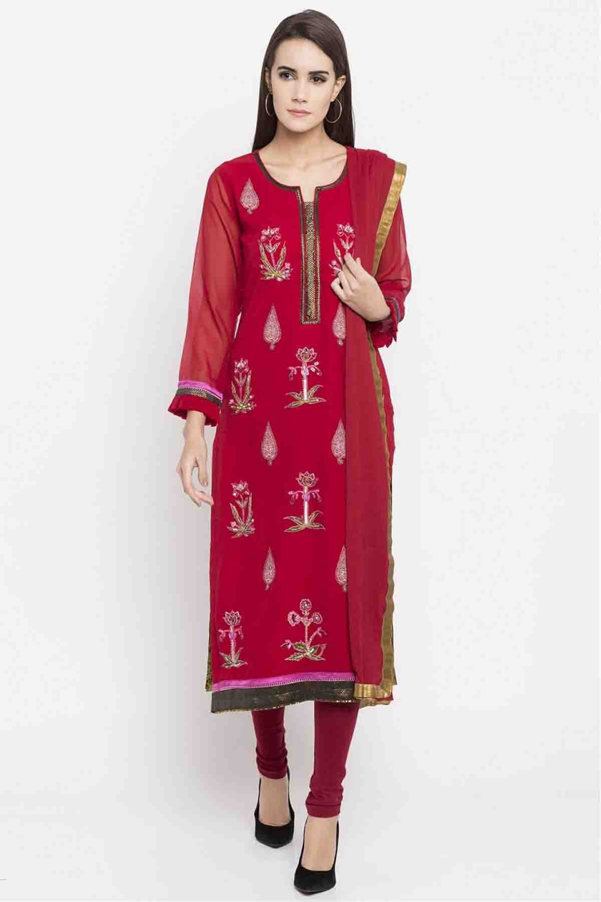 Red Colour Plus Size Stitched Faux Georgette Embroidery Churidar Suit BW1070181