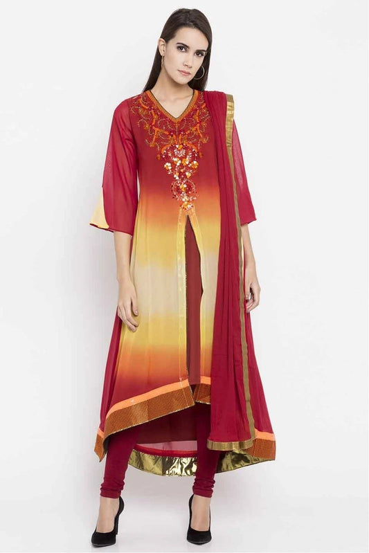 Red Colour Plus Size Stitched Faux Georgette Embroidery Churidar Suit BW1070182