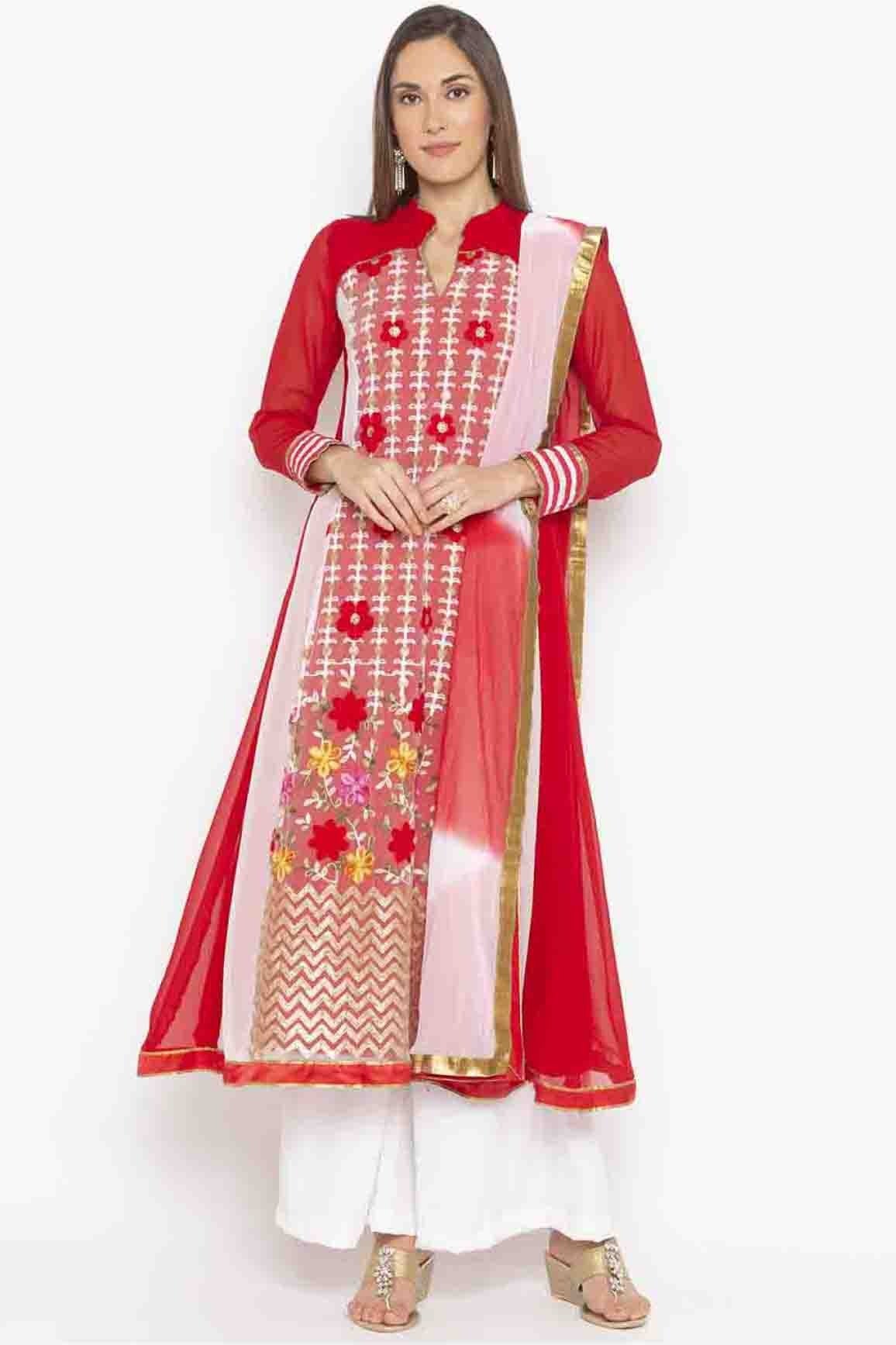 Red Colour Plus Size Stitched Georgette Embroidery Palazzo Pant Suit BW1070220