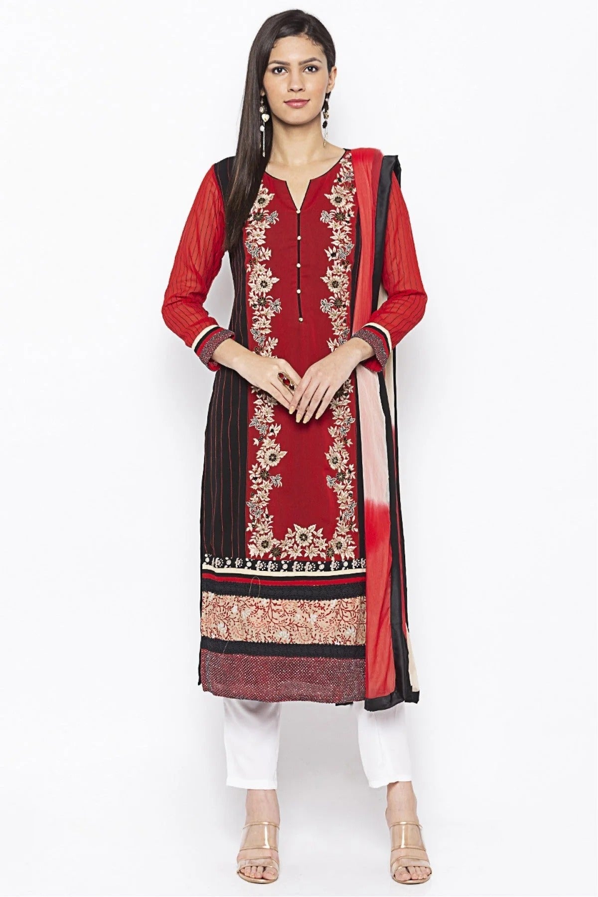 Red Colour Plus Size Stitched Georgette Embroidery Pant Style Suit BW1070247