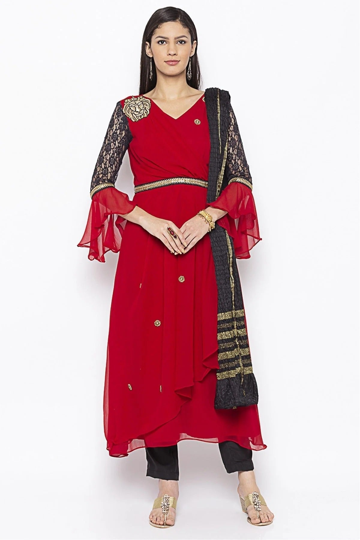 Red Colour Plus Size Stitched Georgette Embroidery Pant Style Suit BW1070281
