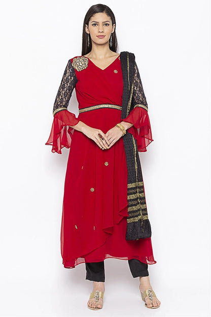 Red Colour Plus Size Stitched Georgette Embroidery Pant Style Suit BW1070281