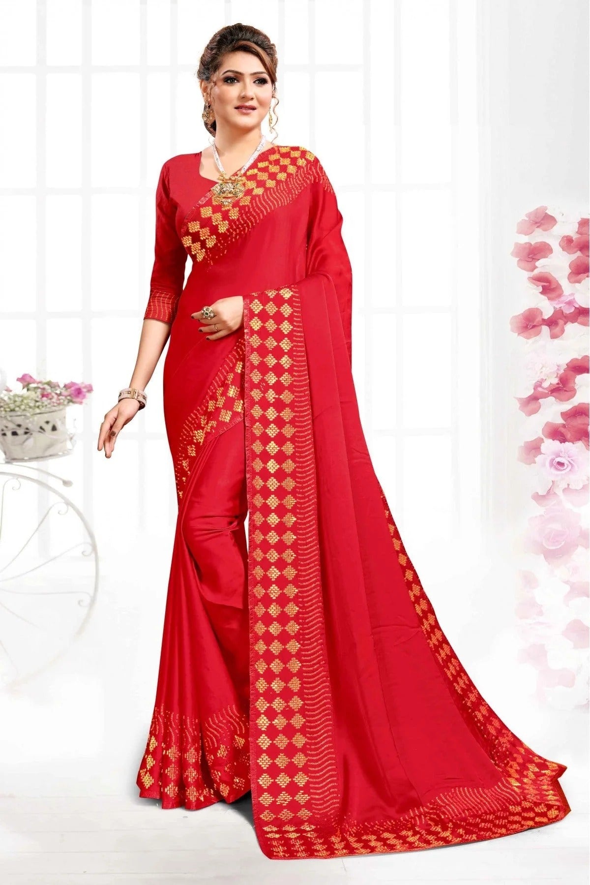 Red Colour Pure Satin Swarovski Work Saree SD1120335