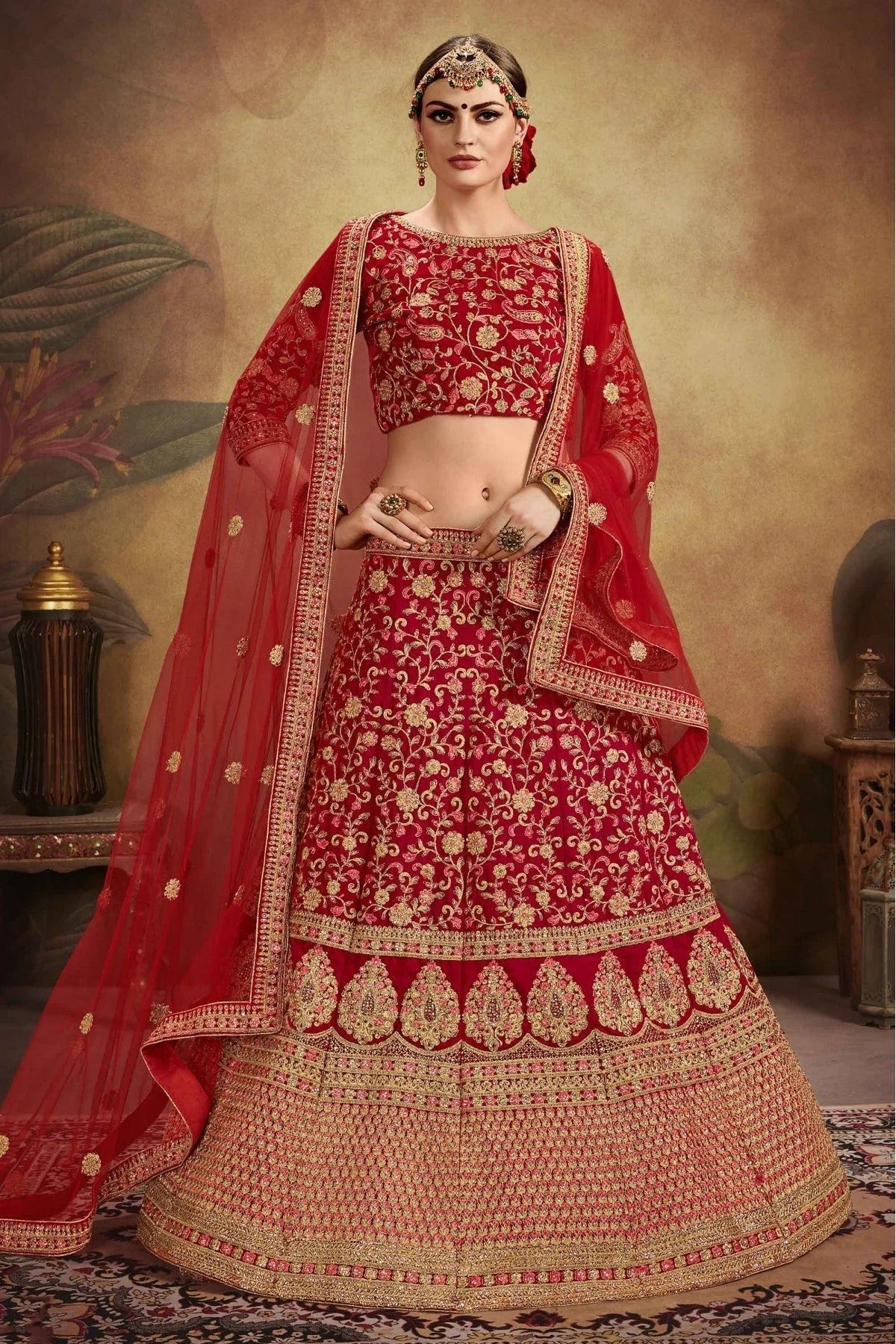 Red Colour Pure Velvet Embroidery Lehenga Choli LC1080209