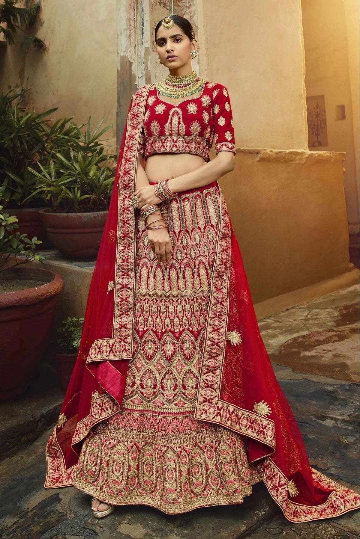 Red Colour Pure Velvet Zari Work Lehenga Choli LC1080224