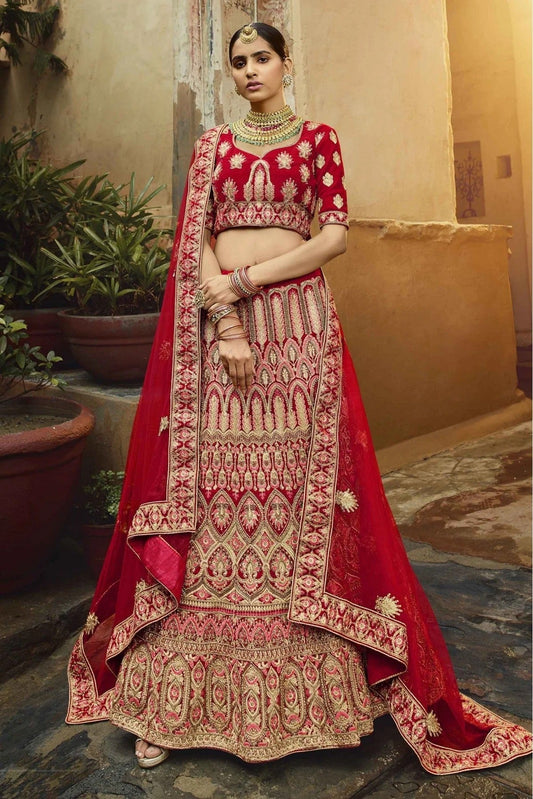 Red Colour Pure Velvet Zari Work Lehenga Choli LC1080224