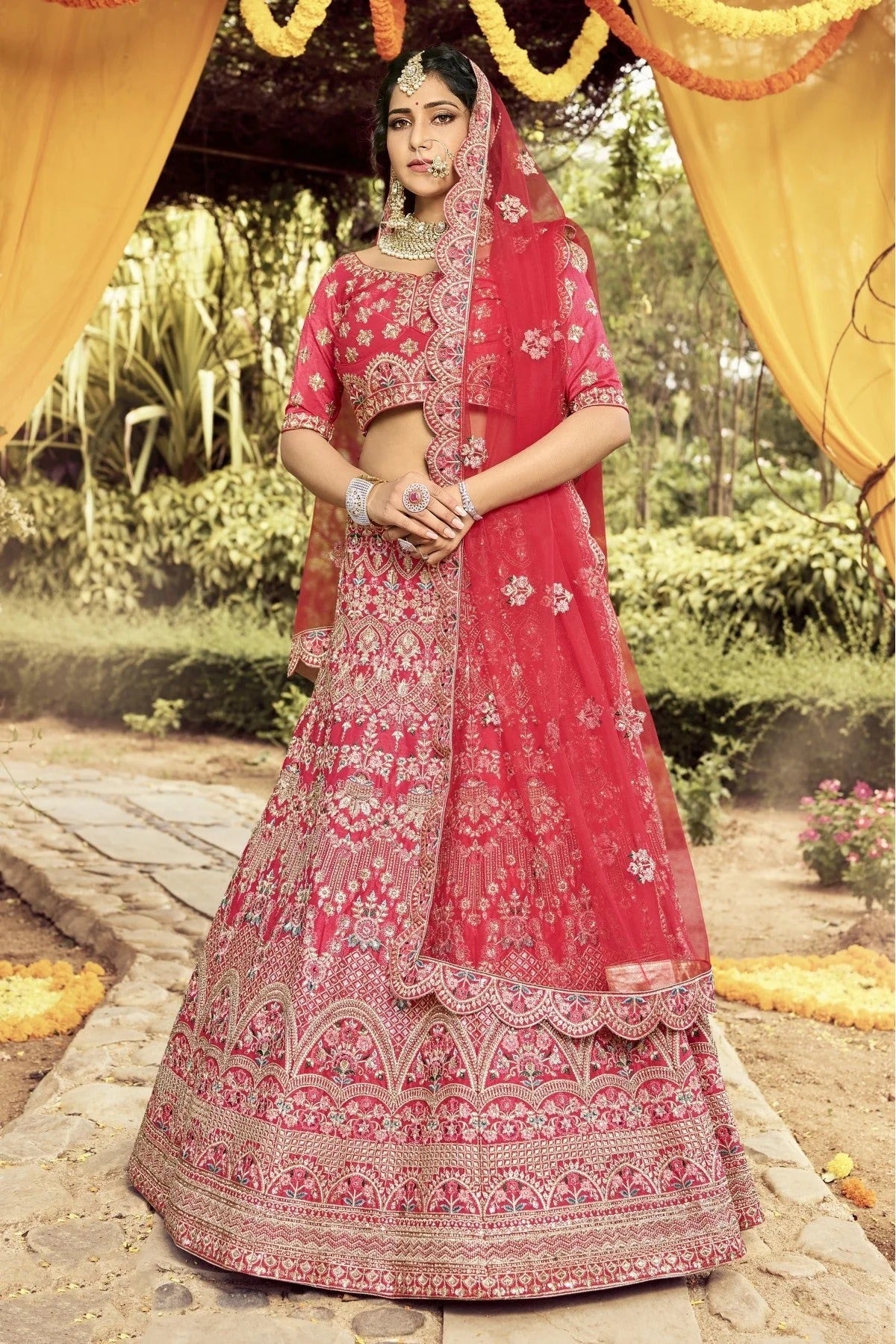 Red Colour Raw Silk Embroidery Bridal Lehenga Choli LC1080085