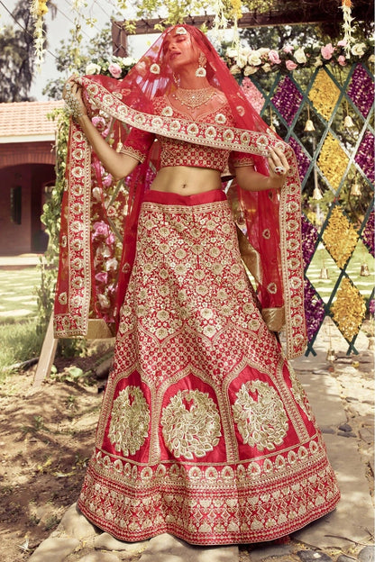 Red Colour Raw Silk Embroidery Bridal Lehenga Choli LC1080301 A