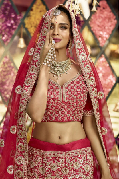 Red Colour Raw Silk Embroidery Bridal Lehenga Choli LC1080301 B