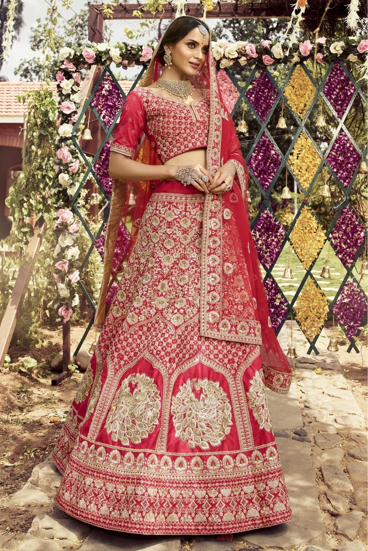 Red Colour Raw Silk Embroidery Bridal Lehenga Choli LC1080301