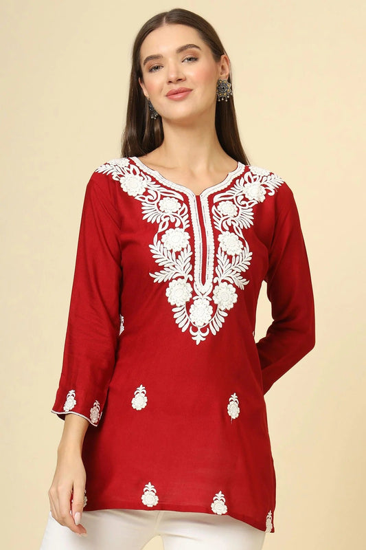 Red Colour Rayon Readymade Top TP1110854