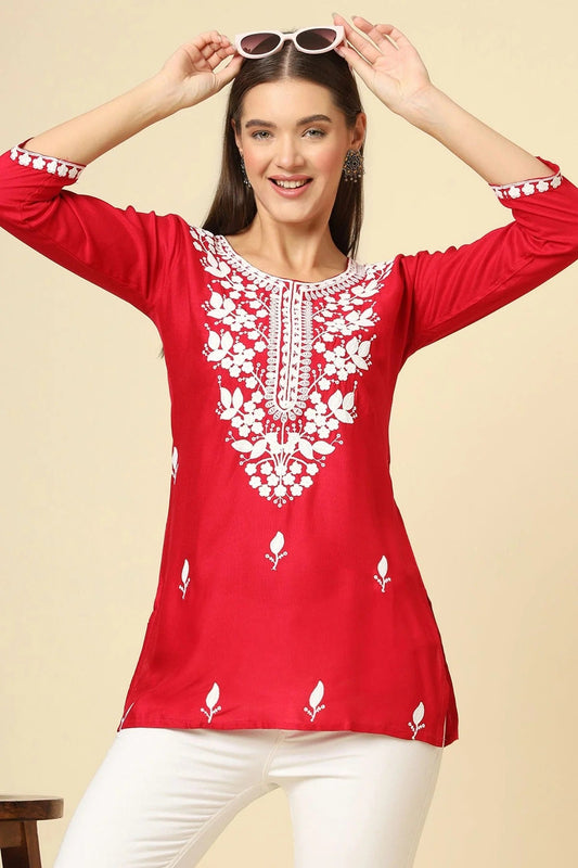 Red Colour Rayon Readymade Top TP1110863