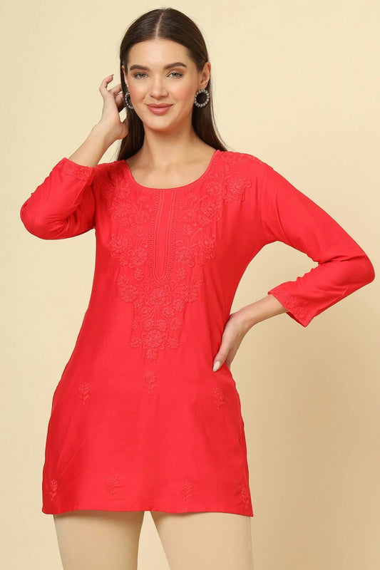 Red Colour Rayon Readymade Top TP1110875
