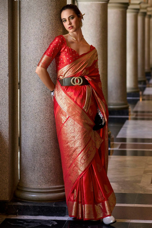 Red Colour Satin Munga Silk Woven Work Saree SD1290062