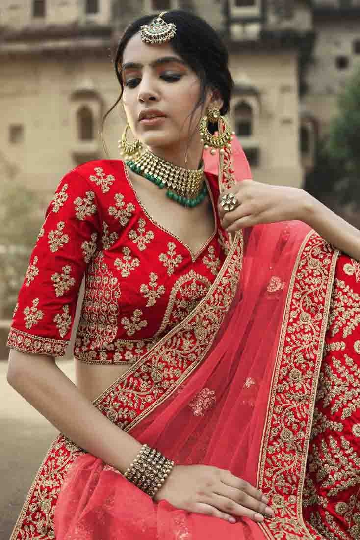 Red Colour Satin Thread Work Lehenga Choli LC1080342 A