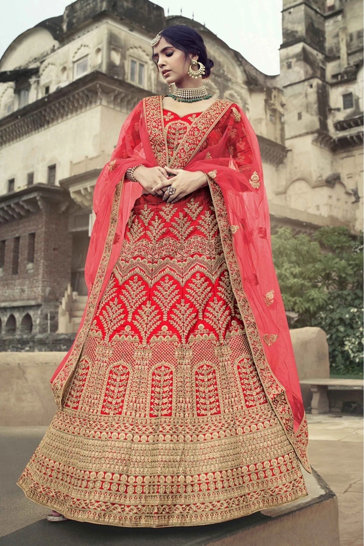 Red Colour Satin Thread Work Lehenga Choli LC1080342