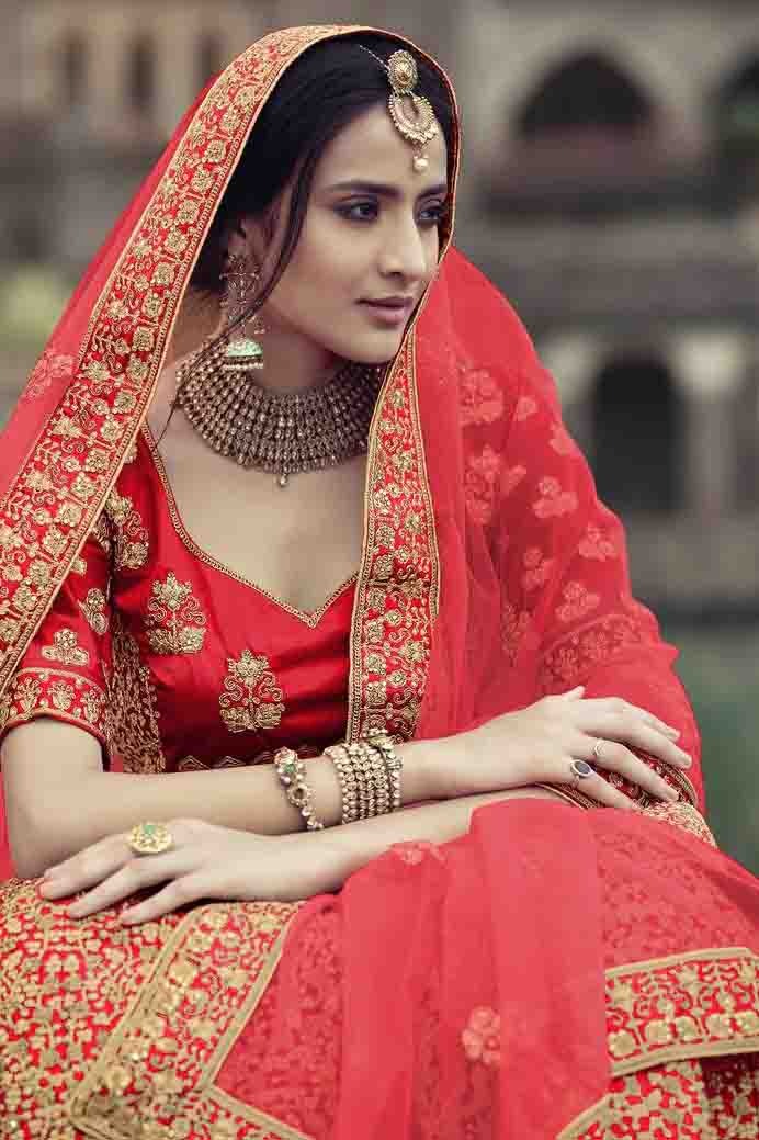 Red Colour Satin Thread Work Lehenga Choli LC1080349 A