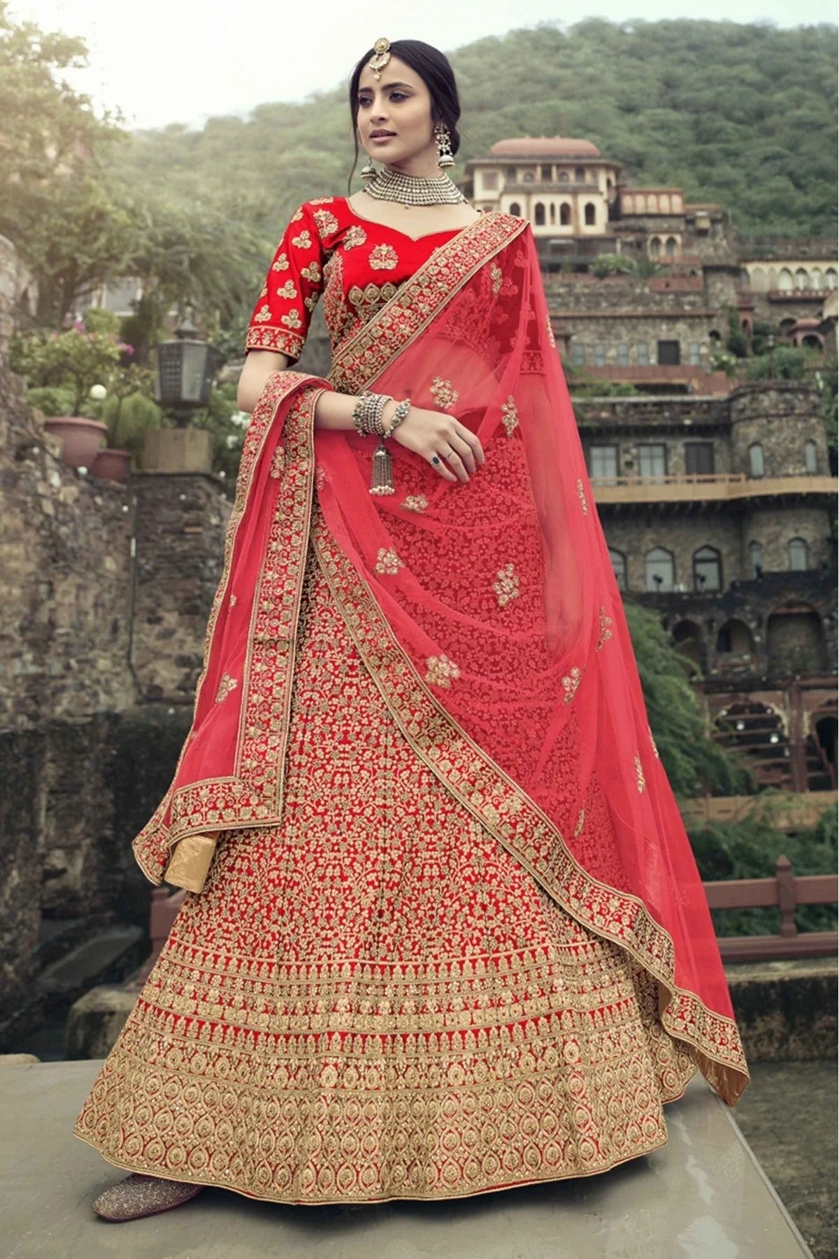Red Colour Satin Thread Work Lehenga Choli LC1080349