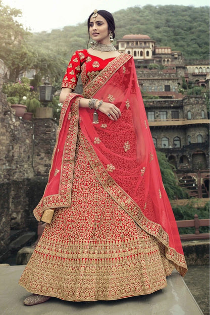 Red Colour Satin Thread Work Lehenga Choli LC1080349