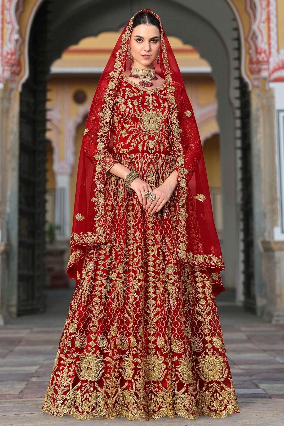 Red Colour Semi Stitched Butterfly Net Anarkali Suit SM1140648