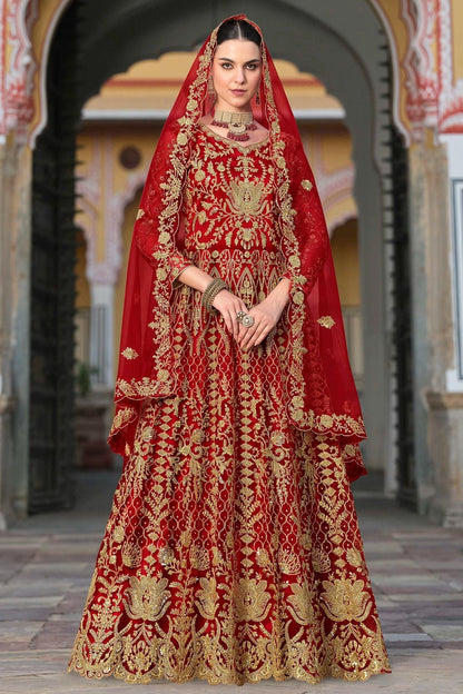 Red Colour Semi Stitched Butterfly Net Anarkali Suit SM1140648