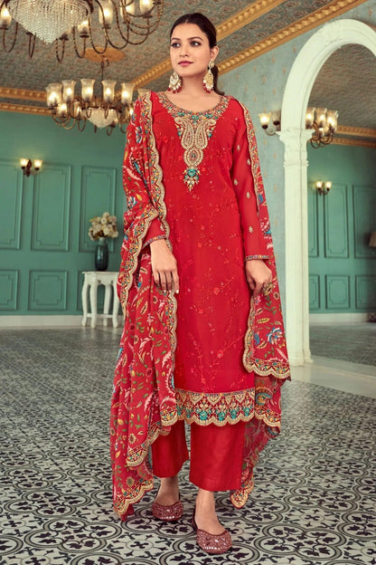 Red Colour Semi Stitched Georgette Pant Style Suit SM1140144