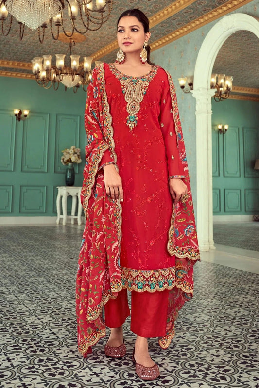 Red Colour Semi Stitched Georgette Pant Style Suit SM1140144